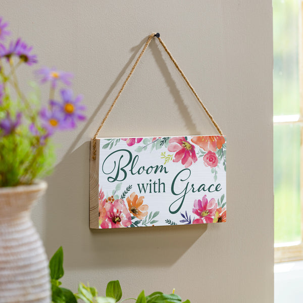 plow & hearth Pastels of Nature Wood Hanging Sign w/ Rope "Bloom With Grace" 11"x6"