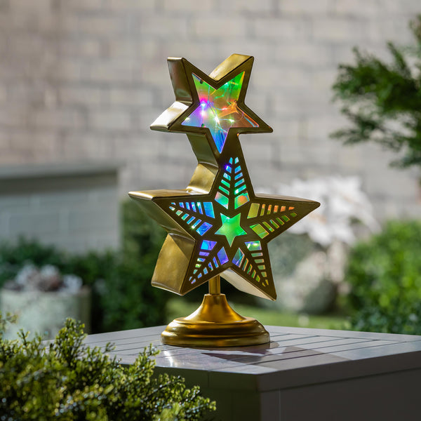 plow & hearth Pearl and Pine Garden Statue LED RGB Color Changing Statue Stacked Star 14"H