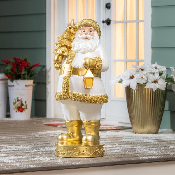 plow & hearth Pearl and Pine Garden Statue Resin Statue Gold Santa 32"H