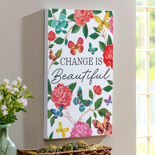 plow & hearth Peony Toile Indoor Wall Décor Wood Butterfly "Change is Beautiful" 24"x16"