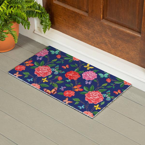 Plow & Hearth Peony Toile PVC Trapper Mat Butterfly 28"x16"