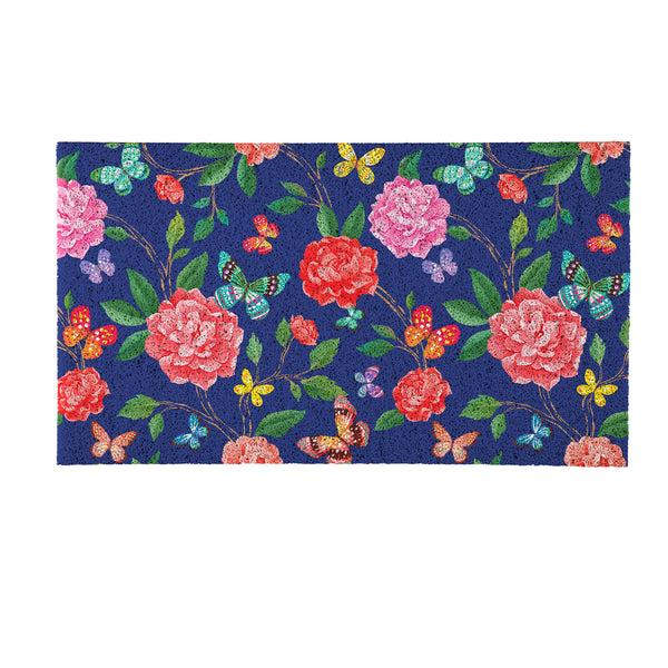 Plow & Hearth Peony Toile PVC Trapper Mat Butterfly 28"x16"