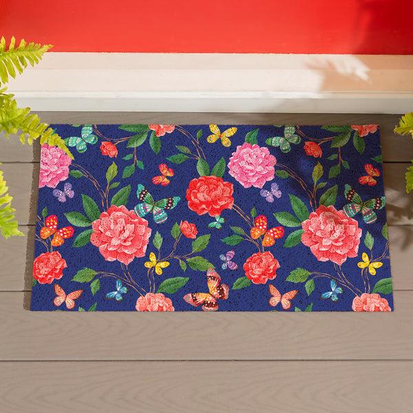plow & hearth Peony Toile PVC Trapper Mat Butterfly 28"x16"