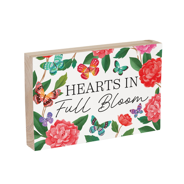 Plow & Hearth Peony Toile Sign Wood Block Butterfly "Hearts In Full Bloom" 12"L X 8"H