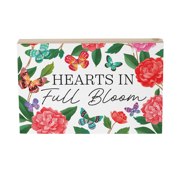 Plow & Hearth Peony Toile Sign Wood Block Butterfly "Hearts In Full Bloom" 12"L X 8"H