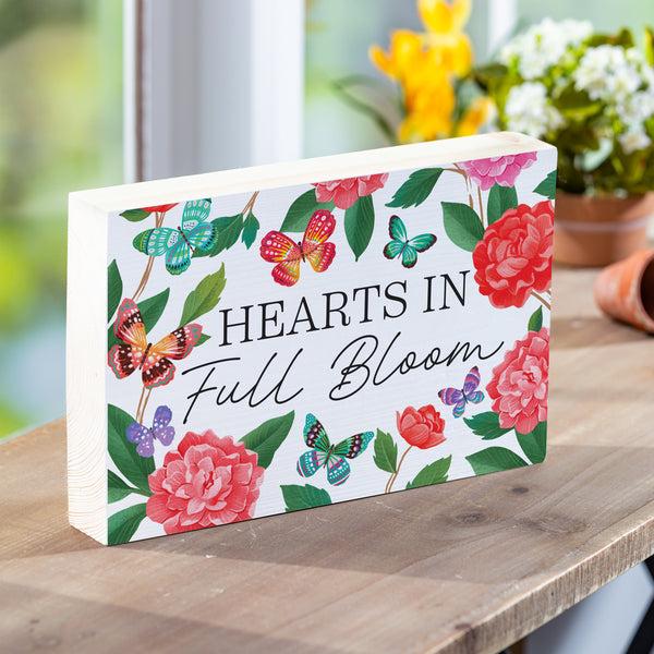 plow & hearth Peony Toile Sign Wood Block Butterfly "Hearts In Full Bloom" 12"L x 8"H