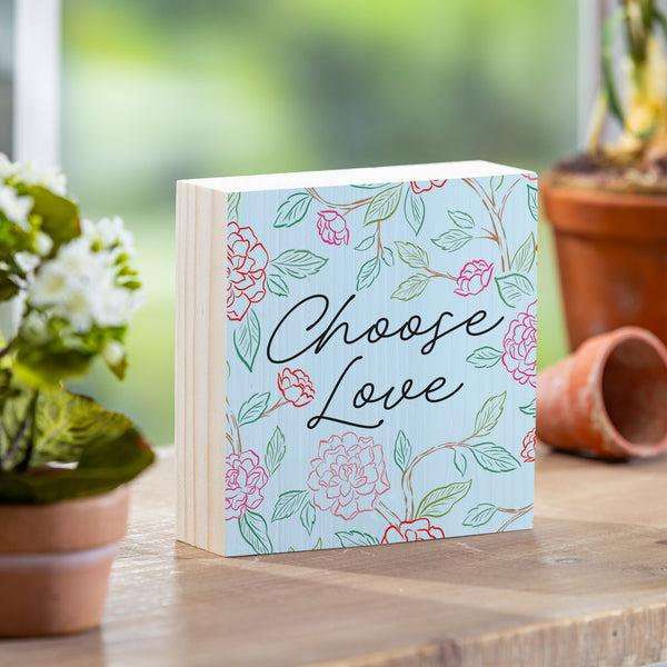 plow & hearth Peony Toile Sign Wood Block Line Art "Choose Love" 6"x6"