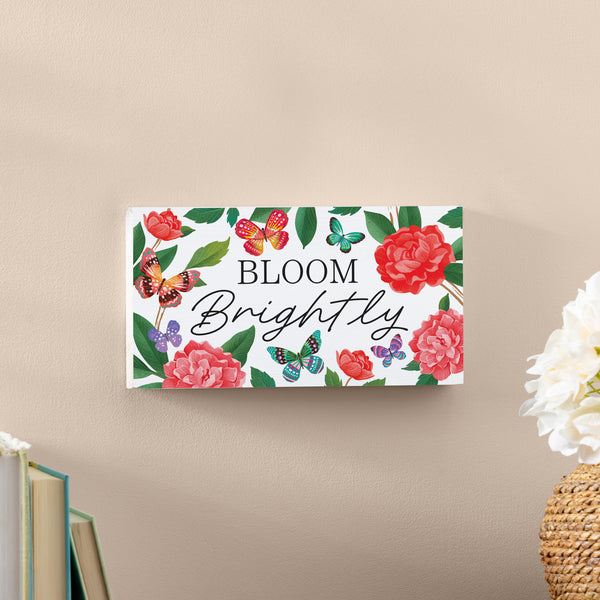 Plow & Hearth Peony Toile Wood Hanging Sign W/ Rope Butterfly "Bloom Brightly" 11"x6"