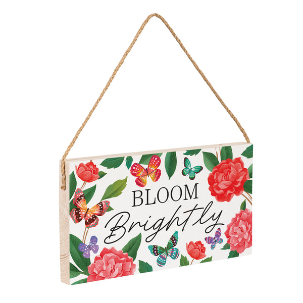 Plow & Hearth Peony Toile Wood Hanging Sign W/ Rope Butterfly "Bloom Brightly" 11"x6"