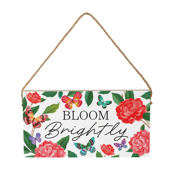 Plow & Hearth Peony Toile Wood Hanging Sign W/ Rope Butterfly "Bloom Brightly" 11"x6"