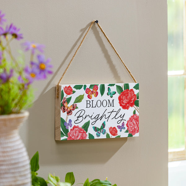 plow & hearth Peony Toile Wood Hanging Sign w/ Rope Butterfly "Bloom Brightly" 11"x6"