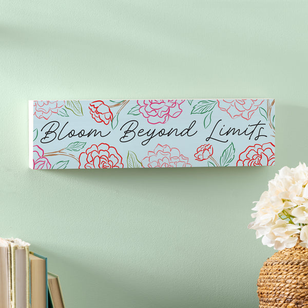 Plow & Hearth Peony Toile Wood Mantle Sign Line Art "Bloom Beyond Limits" 18"x5"