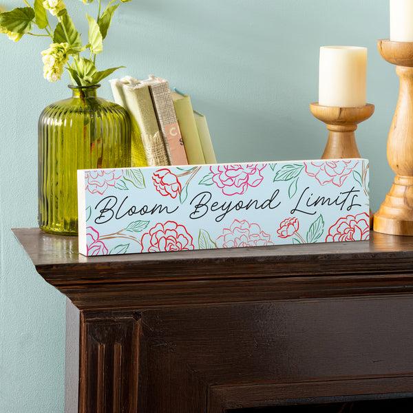 plow & hearth Peony Toile Wood Mantle Sign Line Art "Bloom Beyond Limits" 18"x5"