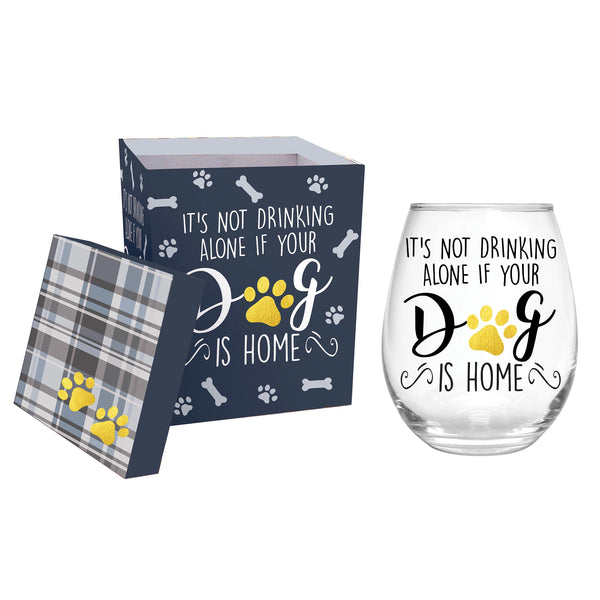 Plow & Hearth Pet Central Wine Glass Stemless Glass It's Not Drinking Alone If Your Dog Is Home 17oz Gift Box