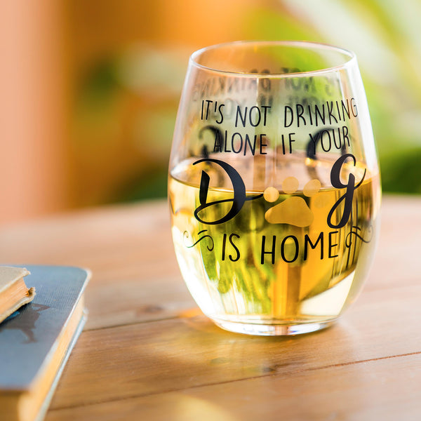 plow & hearth Pet Central Wine Glass Stemless Glass It's Not Drinking Alone if Your Dog is Home 17oz Gift Box