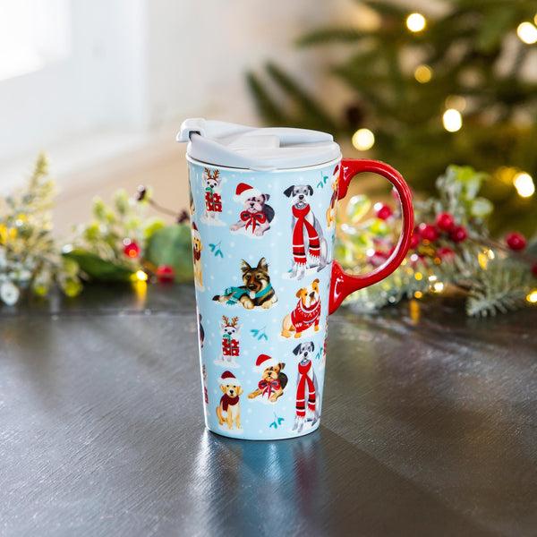 Plow & Hearth Pet Travel Cup Ceramic Perfect Cup Winter Dogs In Scarves 17oz Gift Box