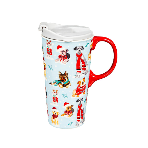 Plow & Hearth Pet Travel Cup Ceramic Perfect Cup Winter Dogs In Scarves 17oz Gift Box