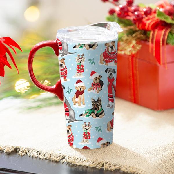 plow & hearth Pet Travel Cup Ceramic Perfect Cup Winter Dogs in Scarves 17oz Gift Box