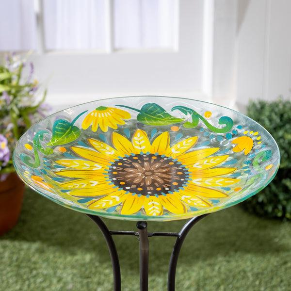 plow & hearth Petal & Plow Birdbath Glass Folk Art Sunflower 18"