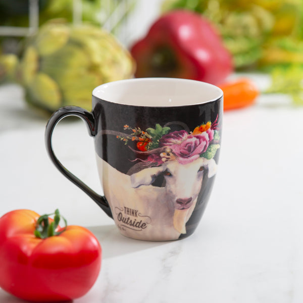 plow & hearth Petal & Plow Coffee Cup Ceramic Cup O' Java Floral Goat 17oz Gift Box