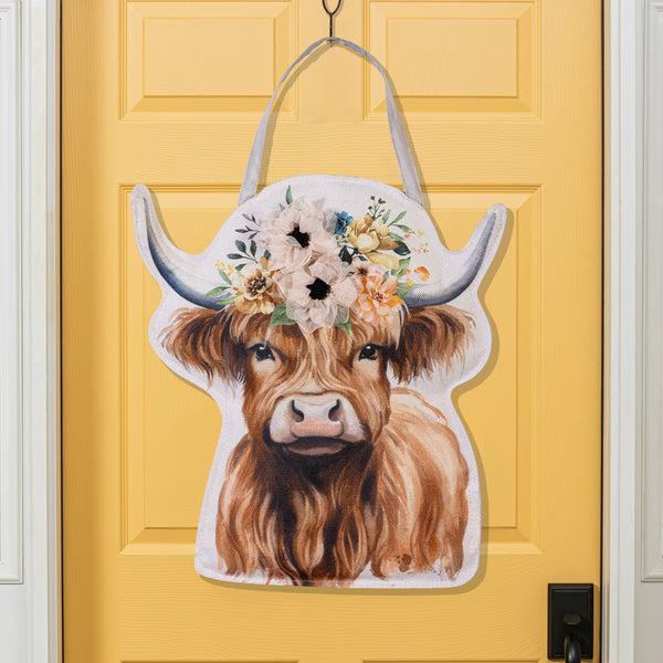 plow & hearth Petal & Plow Floral Highland Cow Door Decor