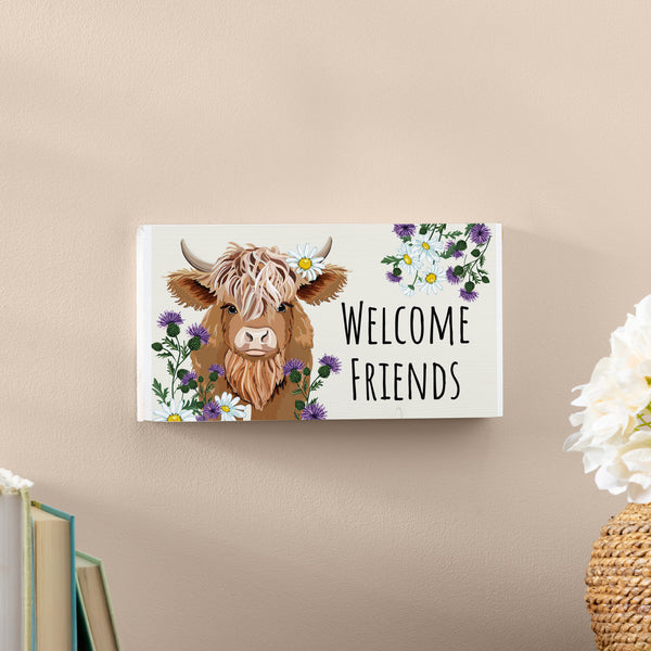 Plow & Hearth Petal & Plow Garden Decor Hanging Sign Highland Cow Welcome Friends 11" L X 6" H