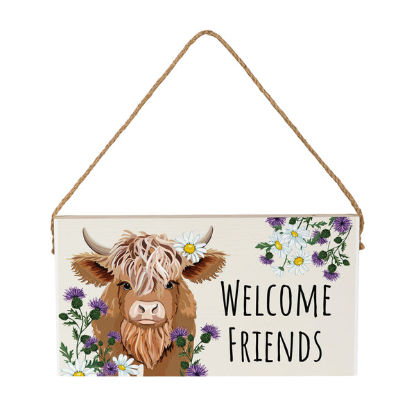 Plow & Hearth Petal & Plow Garden Decor Hanging Sign Highland Cow Welcome Friends 11" L X 6" H