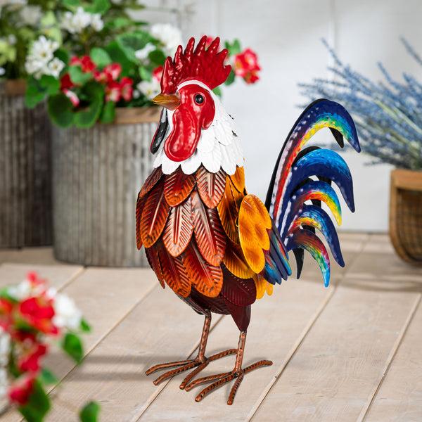 plow & hearth Petal & Plow Garden Statue Metal Colorful Rooster 12"H
