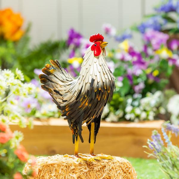 plow & hearth Petal & Plow Garden Statue Metal Hen Garden Statue Black and White Feathers 14"H