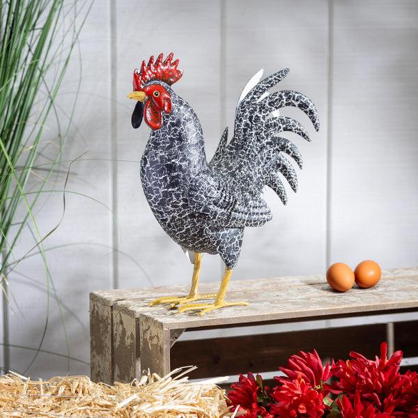 plow & hearth Petal & Plow Garden Statue Metal Rooster With Dark Feathers 14"H