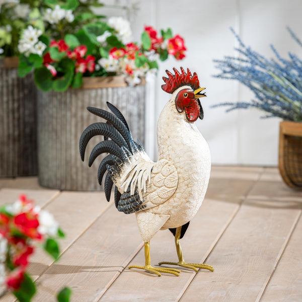 plow & hearth Petal & Plow Garden Statue Metal Rooster With Light Feathers 14"H
