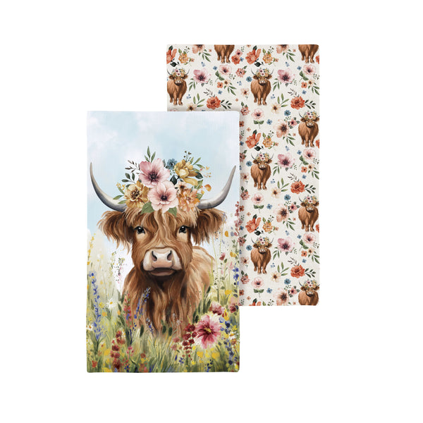 plow & hearth Petal & Plow Kitchen Towel Quick Dry Waffle Weave Double-Sided Farm Highland Cow 30"L x 18"W