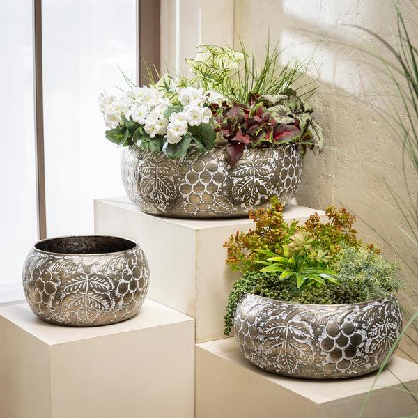 plow & hearth Petal & Plow Planters Metal Embossed Round Bowl Nested Set of 3