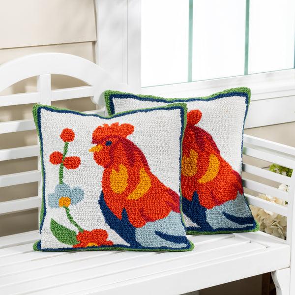 Plow & Hearth Petal & Plow Rooster Indoor/Outdoor Hooked Pillow 18"x18"