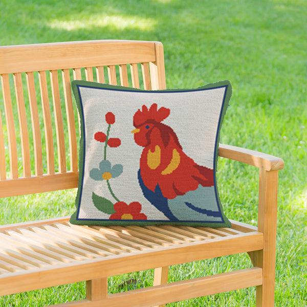 plow & hearth Petal & Plow Rooster Indoor/Outdoor Hooked Pillow 18"x18"