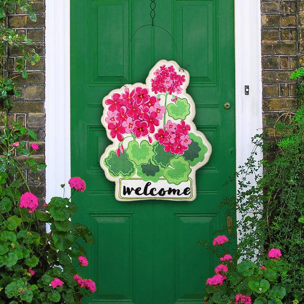 plow & hearth Pink Geranium Welcome Friends Estate Door Décor