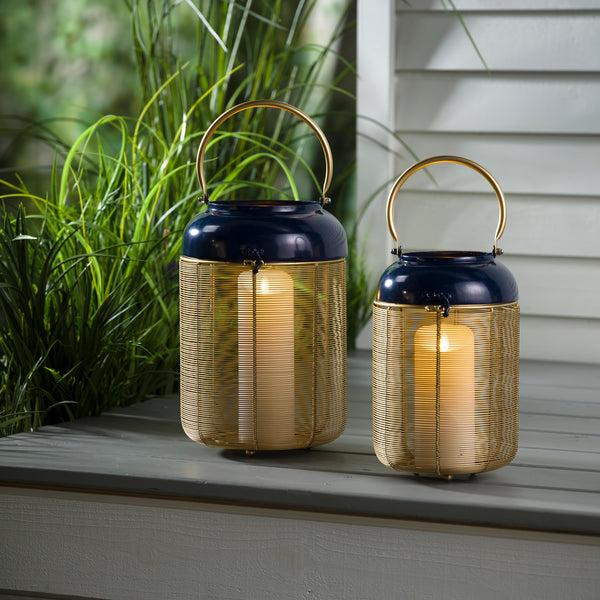 Plow & Hearth Blue And Gold Metal Lanterns Set Of 2
