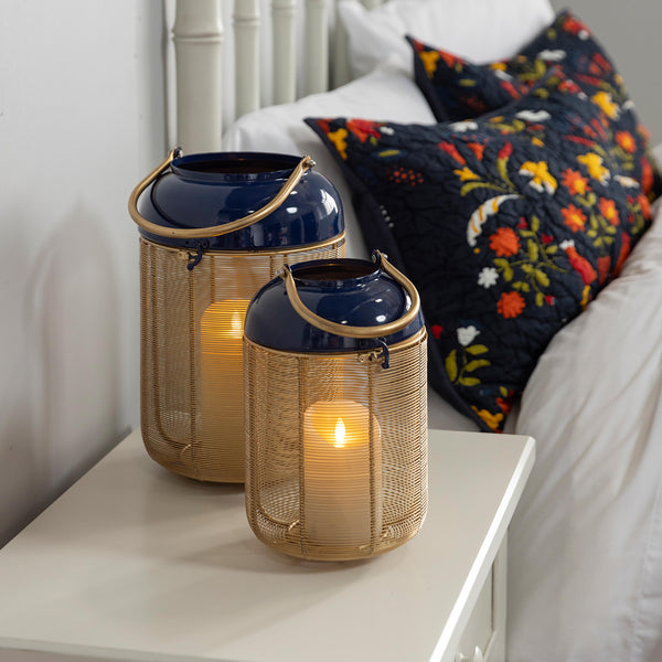plow & hearth Blue and Gold Metal Lanterns Set of 2