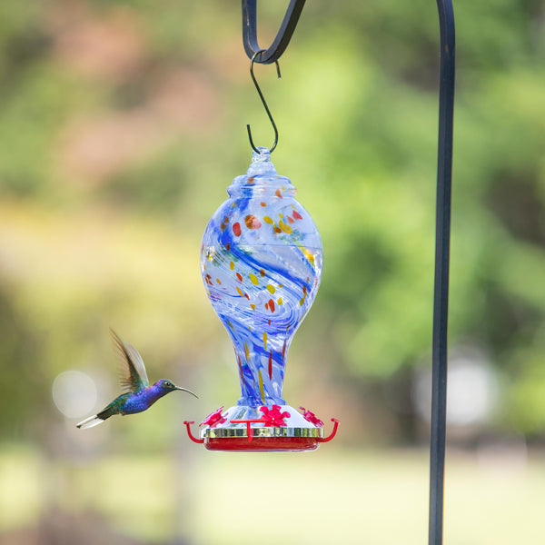 plow & hearth Blue Swirled Glass Hummingbird Feeder