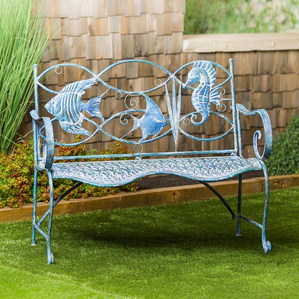 Plow & Hearth Blue Tropical Fish Metal Bench