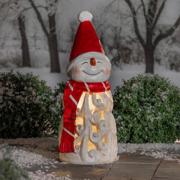 plow & hearth Carved Lighted Holiday Snowman Statue
