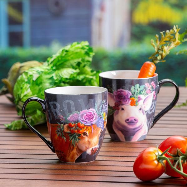 plow & hearth Ceramic Cup O' Java 17 OZ Floral Cow