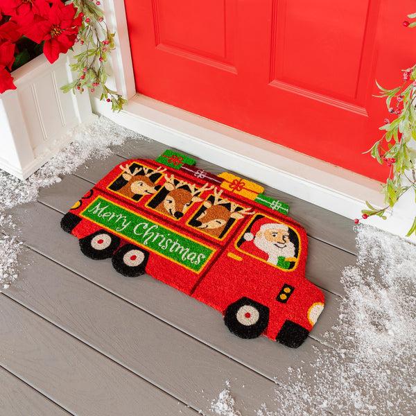 plow & hearth Christmas Bus Shaped Coir Mat