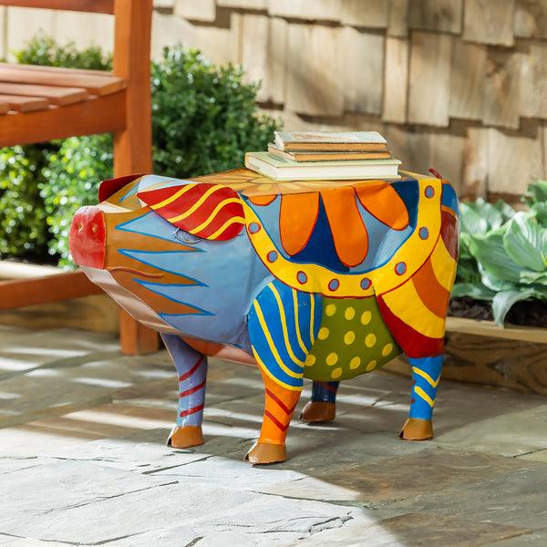 Plow & Hearth Colorful Folk Art Pig Side Table
