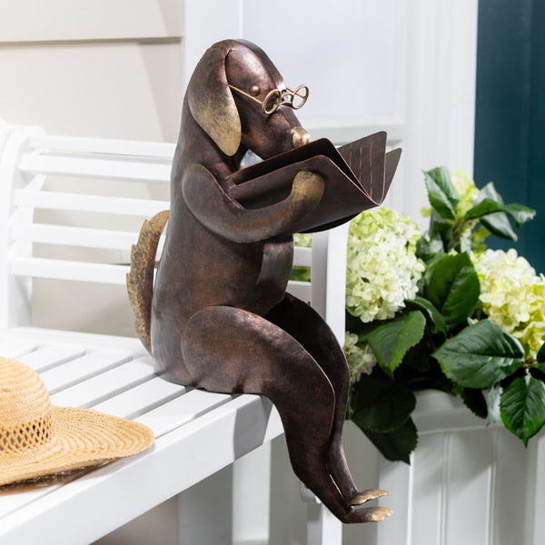 Plow & Hearth Dog Reading A Book Metal Garden Statue