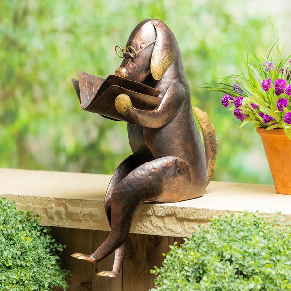 plow & hearth Dog Reading a Book Metal Garden Statue