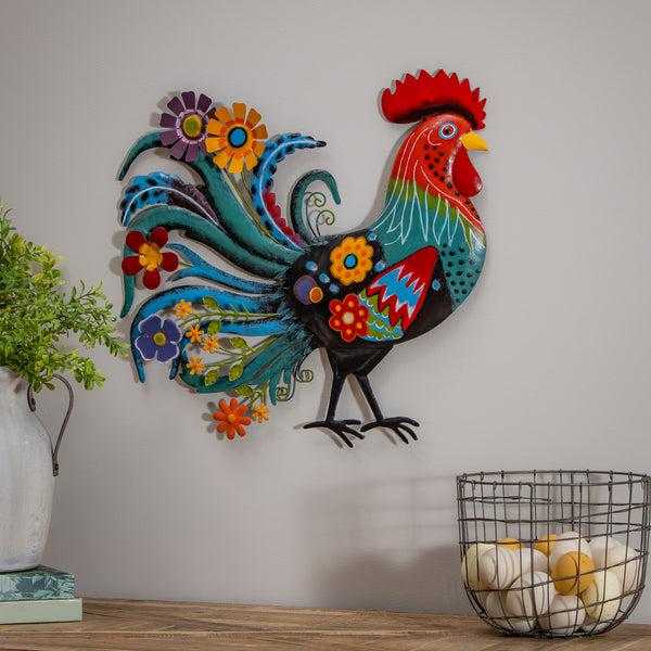 plow & hearth Floral Rooster Recycled Metal Wall Art