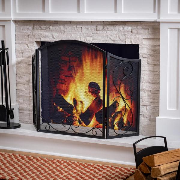 plow & hearth Iris Scroll Tri-Fold Fireplace Screen