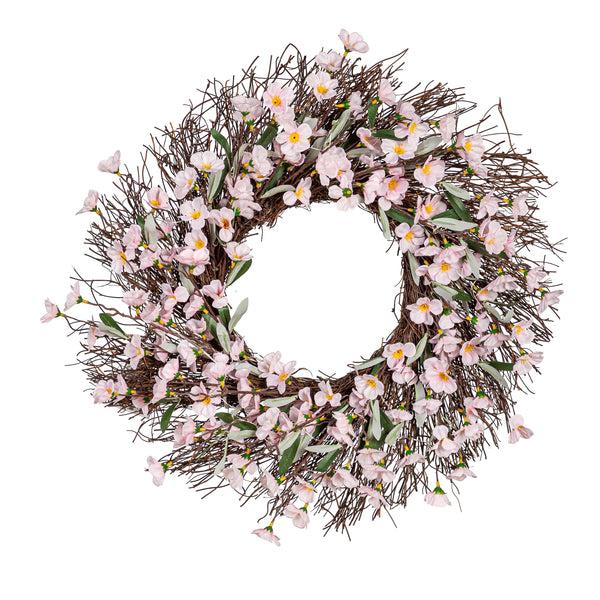 Plow & Hearth Lighted Faux Cherry Blossom Wreath