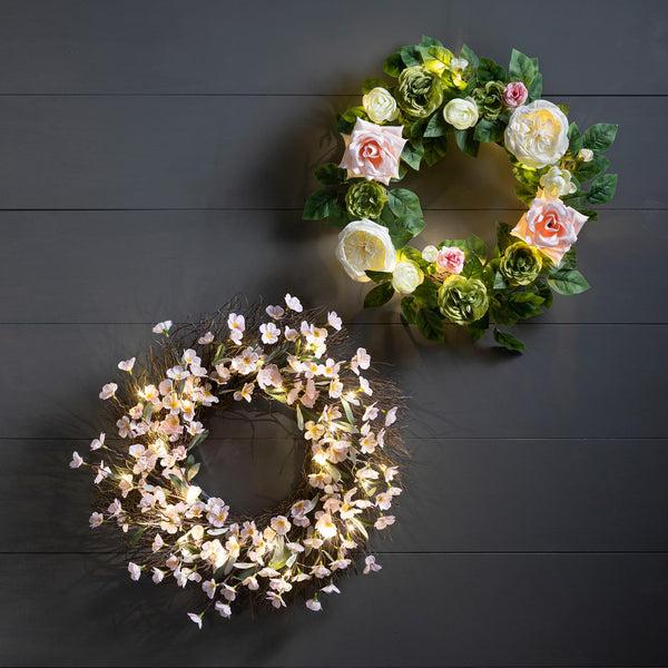 Plow & Hearth Lighted Faux Cherry Blossom Wreath